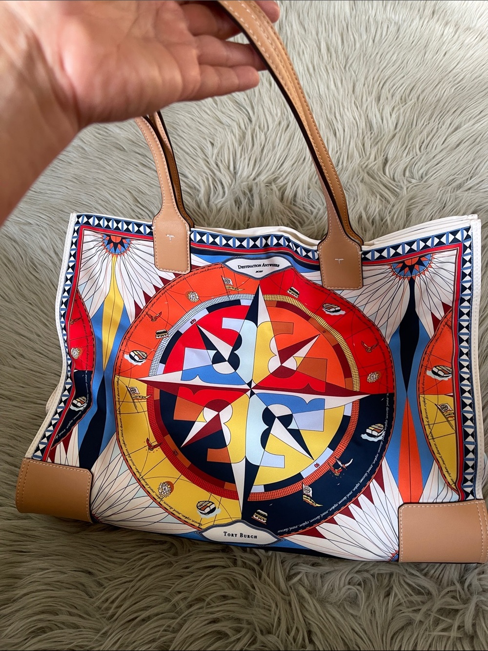 Tory Burch Multicolor Compass Graphic Tote with Tan Leather Handles - Picture 4 of 13